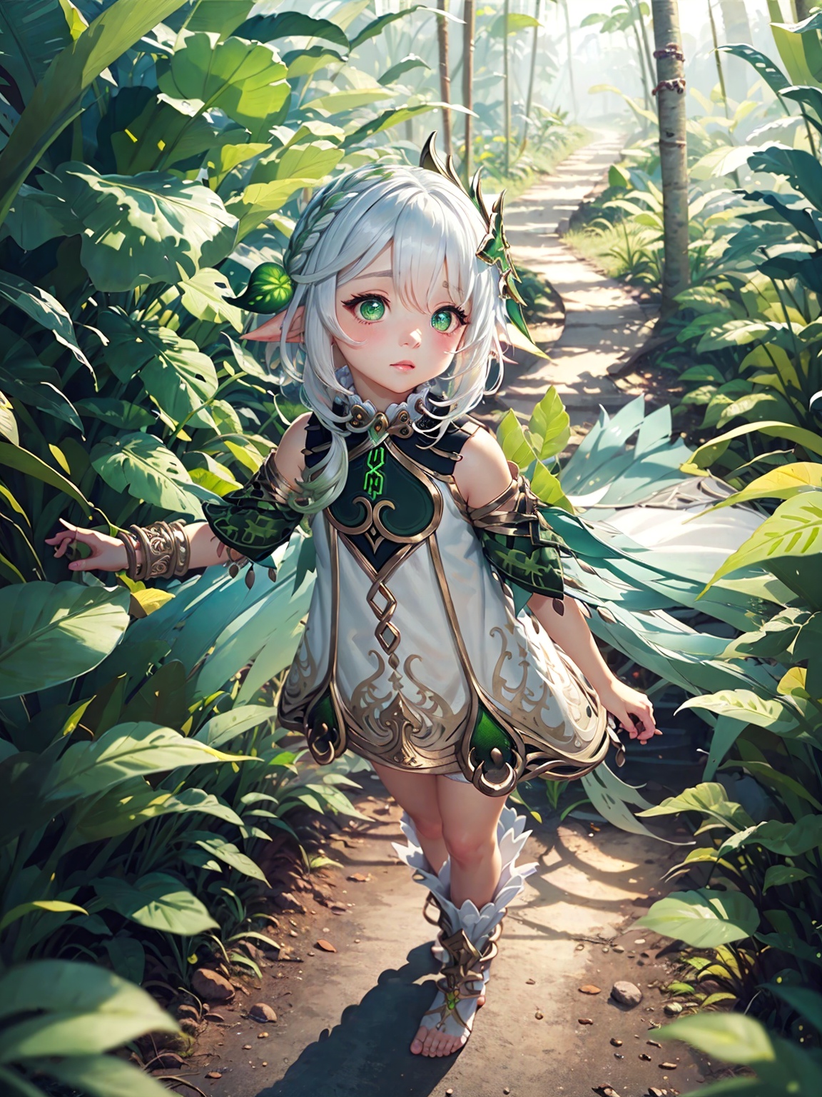 02141-461076233-detailed illustration, kusanali,kid, white hair,white dress, green eyes,hair ornament, blush, full body, scenery, jungle _lora_n.jpg